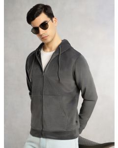 Grey Regular Fit Long Sleeves Kangaroo Pocket Polyester Hoodie Sweatshirt