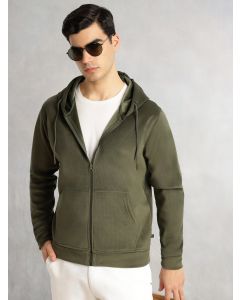 Olive Regular Fit Long Sleeves Kangaroo Pocket Polyester Hoodie Sweatshirt