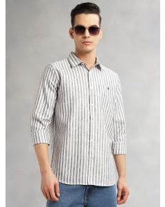 Navy Slim Fit Long Sleeves Spread Collar Vertical Stripes Cotton Linen Casual Shirt