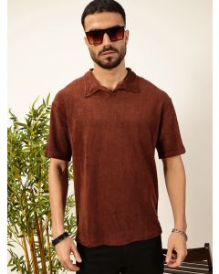 Coffee Brown Towel Terry Short Sleeves Relaxed Fit Textured Polo Collar Knitted T-shirt