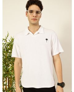 White Relaxed Fit Short Sleeves Solid Polo Collar Knitted T-Shirt