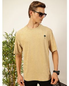 Cream Oversized Short Sleeves Round Neck Solid Knitted T-shirt