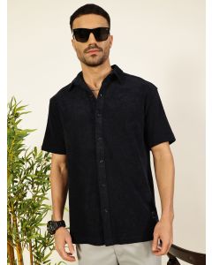 Navy Blue Relaxed Fit Terry Towel Short Sleeves Relaxed Fit Spread Collar Knitted Shirt