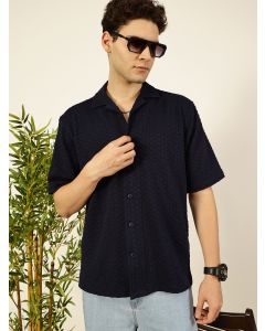 Navy Relaxed Fit Short Sleeves Cuban Collar Textured Cotton Casual Shirt