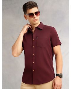 Wine Slim Fit Short Sleeves Spread Collar Solid Casual Shirt