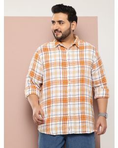 Orange Plus Size Regular Fit Long Sleeves Spread Collar Multi Stripes 100% Cotton Casual Shirt