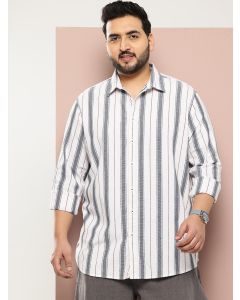 White Plus Size Regular Fit Long Sleeves Spread Collar Multi Striped 100% Cotton Casual Shirt
