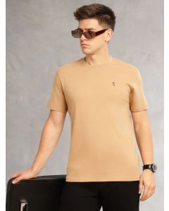 Beige Cricket Club Collection Regular Fit Short Sleeves Round Neck Solid 100% Cotton Knitted Tshirt