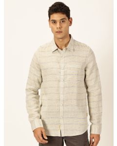 Beige Long Sleeves Slim Fit Spread Collar Horizontal Stripes Linen Casual Shirt