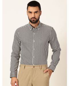 Black Long Sleeves Regular Fit Button-Down Collar Vertical Stripes 100% Cotton Formal Shirt