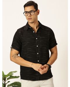 Black Slim Fit Short Sleeves Spread Collar Textured Casual Shirt