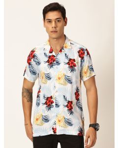 Navy Blue Short Sleeves Slim Fit Spread Collar Floral Printed Viscose Rayon Casual Shirt