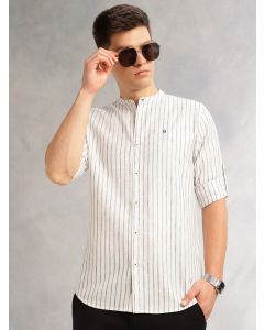 Navy Slim Fit Three-Quarter Roll-Up Sleeves Mandarin Collar Vertical Stripes Cotton Linen Casual Shirt