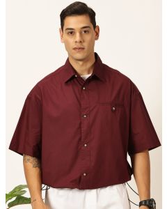 Wine Oversized Short Sleeves Spread Collar Solid 100% Cotton Casual Shirt