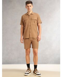 Brown Cricket Club Collection Regular Fit Short Sleeves Self Design 100% Cotton Co-Ord Set with Shirt Collar