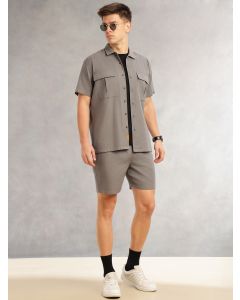 Grey Cricket Club Collection Regular Fit Short Sleeves Self Design 100% Cotton Co-Ord Set with Shirt Collar
