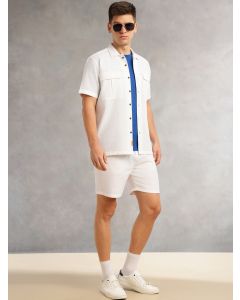 White Cricket Club Collection Regular Fit Short Sleeves Self Design 100% Cotton Co-Ord Set with Shirt Collar