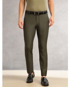 Olive Slim Fit Mid-Rise Solid Woven Formal Trousers with Fixed Belt & 4-Way Stretch