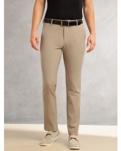Light Brown Slim Fit Mid-Rise Solid Woven Formal Trousers with Fixed Belt & 4-Way Stretch