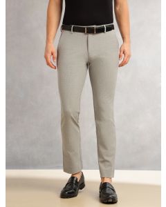 Light Grey Slim Fit Mid-Rise Solid Woven Formal Trousers with Fixed Belt & 4-Way Stretch