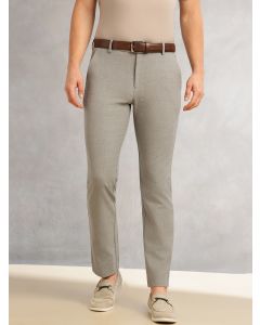 Dark Grey Slim Fit Mid-Rise Solid Woven Formal Trousers with Fixed Belt & 4-Way Stretch