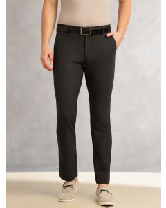 Black Slim Fit Mid-Rise Solid Woven Formal Trousers with Fixed Belt & 4-Way Stretch