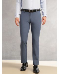Blue Slim Fit Mid-Rise Solid Woven Formal Trousers with Fixed Belt & 4-Way Stretch