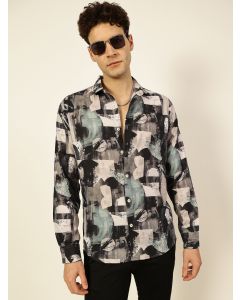 Green Slim Fit Long Sleeves Spread Collar Abstract Printed 100% Cotton Casual Shirt