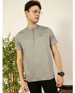 Light Grey Regular Fit Short Sleeves Mandarin Collar Solid 100% Cotton Woven T-Shirt