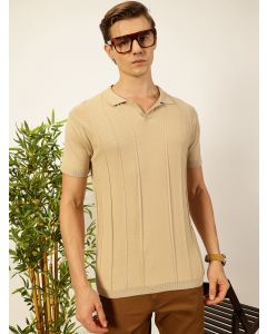 Beige Regular Fit Short Sleeves Vertical Stripes 100% Cotton Polo Collar Knitted T-shirt