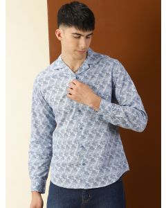 Blue Regular Fit 100% Cotton Graphic Printed Casual Shirt with Long Sleeves & Cuban Collar