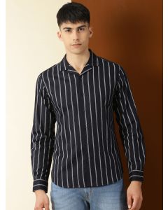 Navy Regular Fit 100% Cotton Vertical Stripes Casual Shirt with Long Sleeves & Cuban Collar