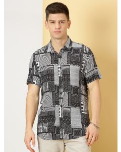 Black Regular Fit Short Sleeves Spread Collar Abstract Printed Casual Shirt