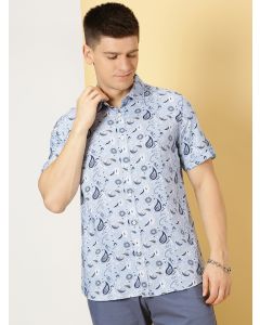 Blue Regular Fit Short Sleeves Spread Collar Abstract Printed Casual Shirt