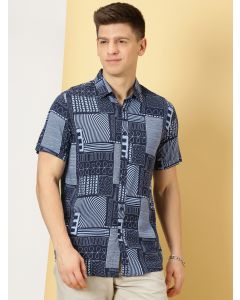Navy Blue Regular Fit Short Sleeves Spread Collar Abstract Printed Casual Shirt