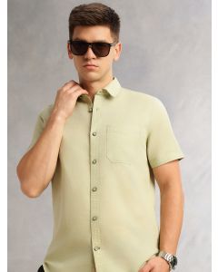 Pista Short Sleeves Regular Fit Spread Collar Solid Cotton Linen Casual Shirt