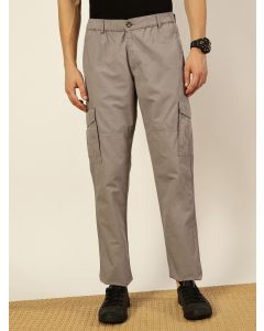 Grey Slim Fit Mid-Rise Solid 6 Pockets Woven Cargo Trouser