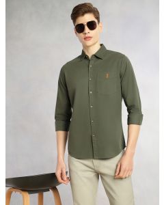Olive Cricket Club Collection Long Sleeves Slim Fit Spread Collar 100% Cotton Twill Casual Shirt