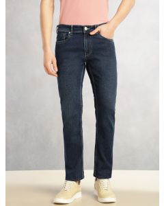 Dark Blue Cricket Club Collection Straight Fit Mid-Rise Faded 5 Pockets Stretchable Jeans