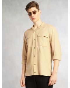 Dark Beige Cricket Club Collection Oversized Fit Long Sleeves Camp Collar 100% Cotton Shacket