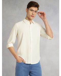 White Regular Fit Full Sleeves Spread Collar Solid Polyester Casual Shirt
