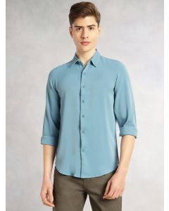 Blue Regular Fit Full Sleeves Spread Collar Solid Polyester Casual Shirt