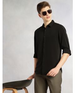 Black Regular Fit Full Sleeves Spread Collar Solid Polyester Casual Shirt