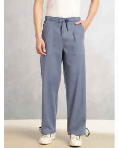 Blue Regular Fit Mid-Rise Solid Woven Trousers with Drawstring Closure & Four Pockets