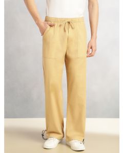 Khaki Regular Fit Mid-Rise Solid Woven Trousers with Drawstring Closure & Four Pockets