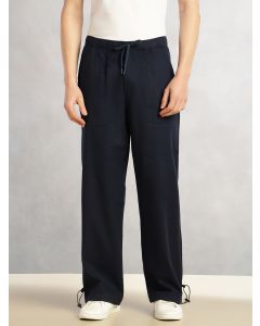 Navy Regular Fit Mid-Rise Solid Woven Trousers with Drawstring Closure & Four Pockets
