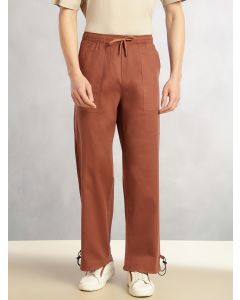 Rust Regular Fit Mid-Rise Solid Woven Trousers with Drawstring Closure & Four Pockets