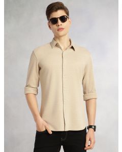 Beige Slim Fit Long Sleeves Spread Collar Solid Knitted Shirt