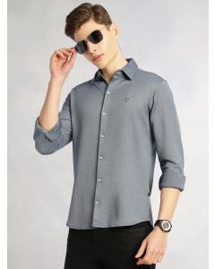 Navy Slim Fit Long Sleeves Spread Collar Solid Knitted Shirt