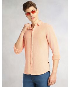 Peach Slim Fit Long Sleeves Spread Collar Solid Knitted Shirt